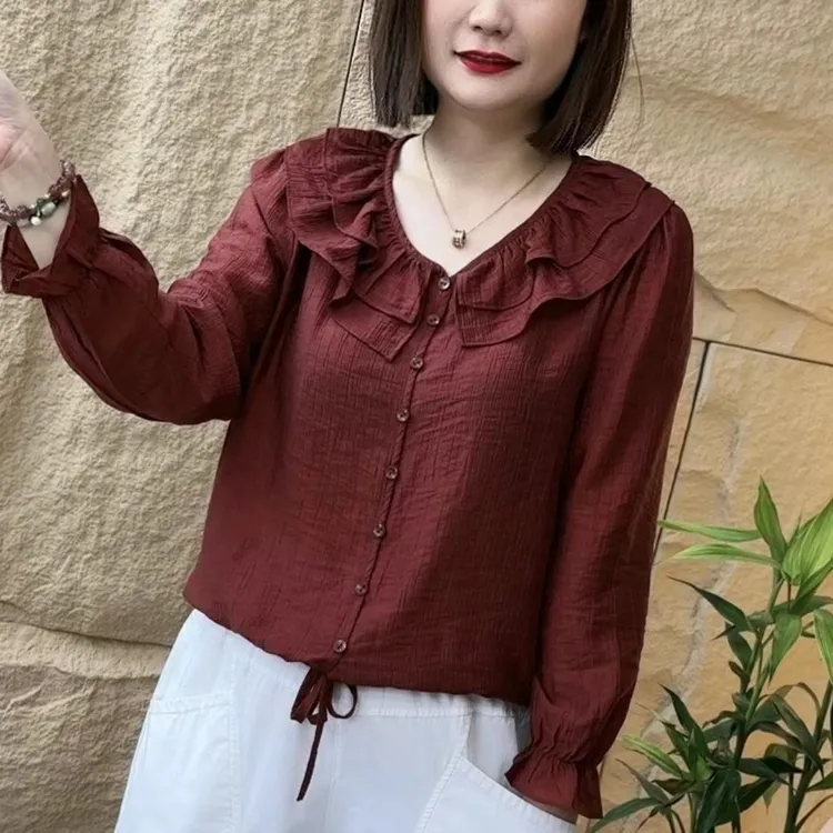 春秋新款女士上衣娃娃领衬衫薄款长袖宽松显瘦纯色百搭休闲洋气