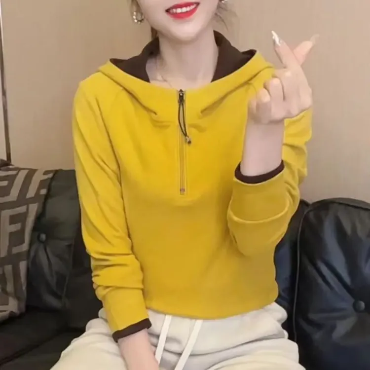 拼色连帽上衣半拉链双面绒卫衣女长袖韩版休闲洋气百搭上衣显瘦
