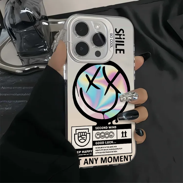英文镭射笑脸苹果手机壳适用iPhone15/14ProMax简约16/13彩银防摔