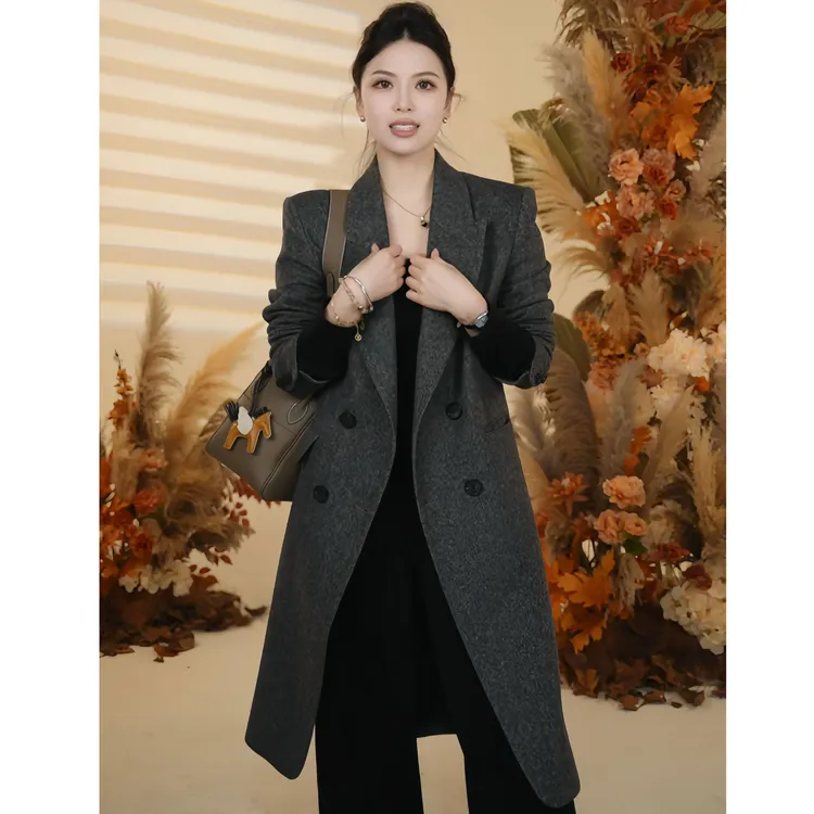韩系经典翻领灰色羊毛大衣外套冬新款高级商务毛呢外套女