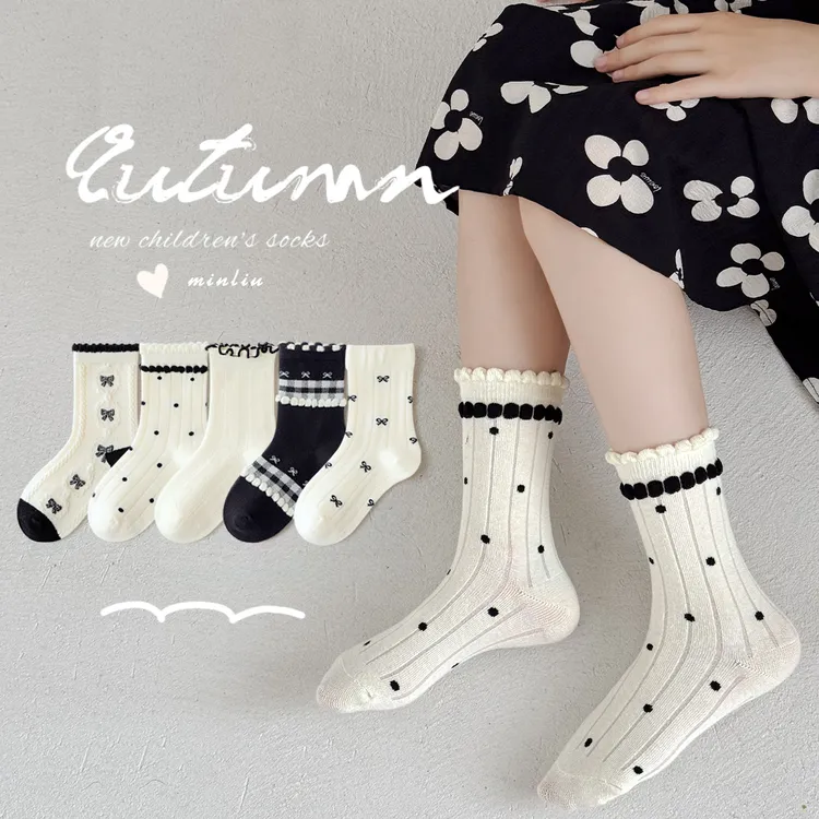 秋季女童袜子甜美中筒棉袜黑白蝴蝶结公主可爱女童袜子淑女棉袜