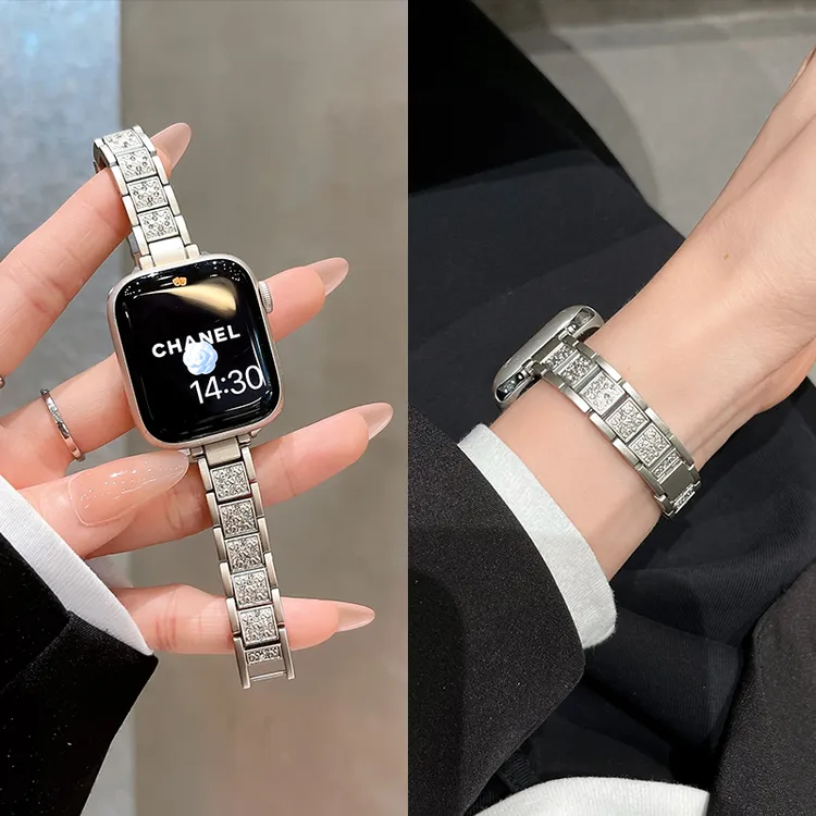 适用iwatch9表带S8金属苹果s9手表8新款se高级S7女满天星镶钻细款