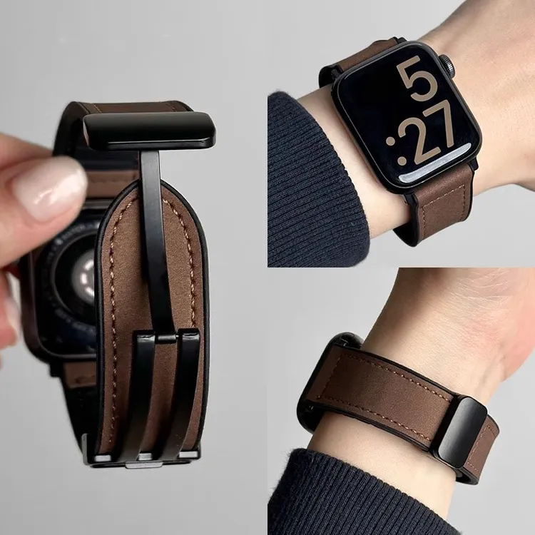 适用苹果手表applewatch9运动S9真皮秋冬男s10女s8疯马se硅胶磁吸