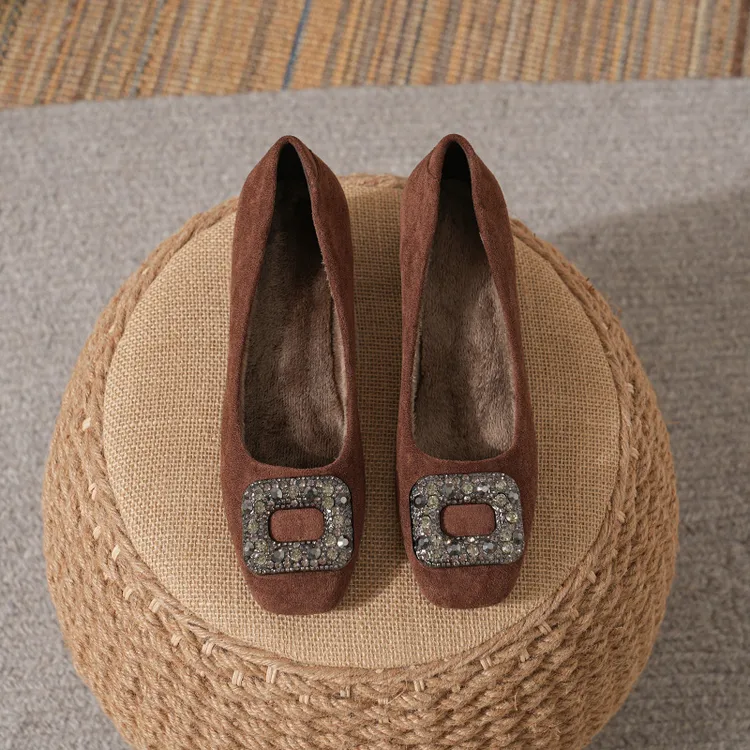 （加绒）深秋早冬新款反绒真皮方根粗跟浅口闪钻优雅气质洋气软底