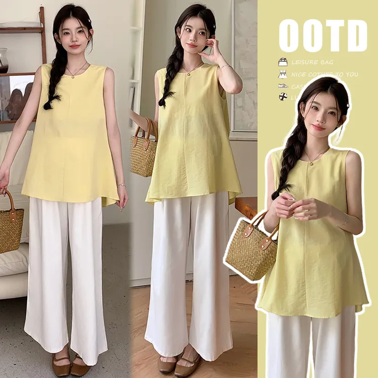 时髦孕妇装夏季新款九分阔腿裤大码显瘦气质设计感扭结打结夏上衣