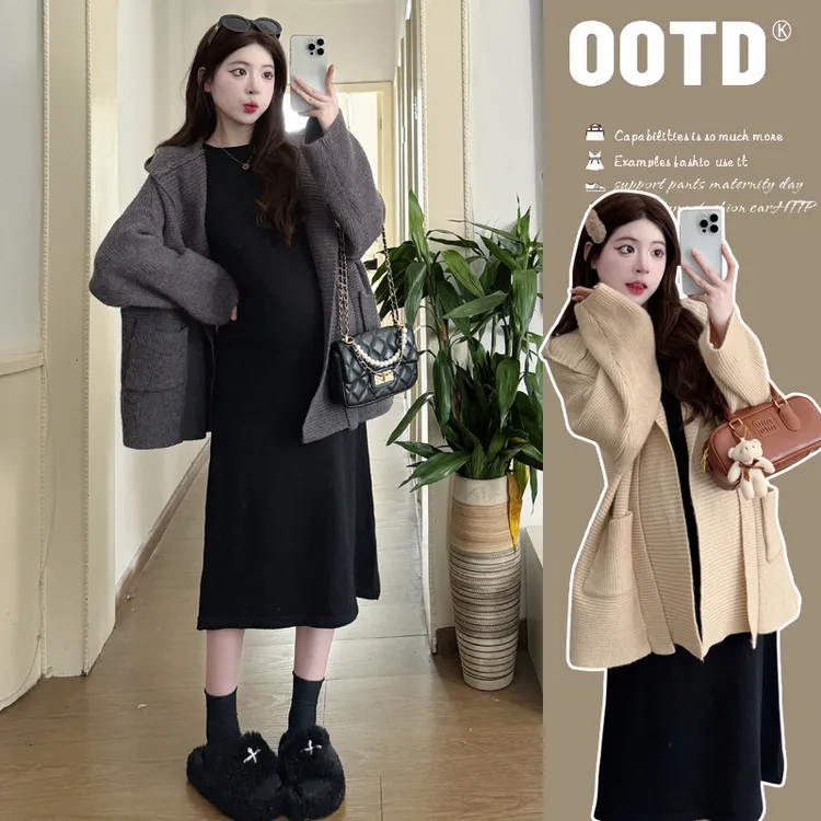 时髦孕妇装秋冬新款连帽加厚针织外套大码春秋时尚外穿背心连衣裙