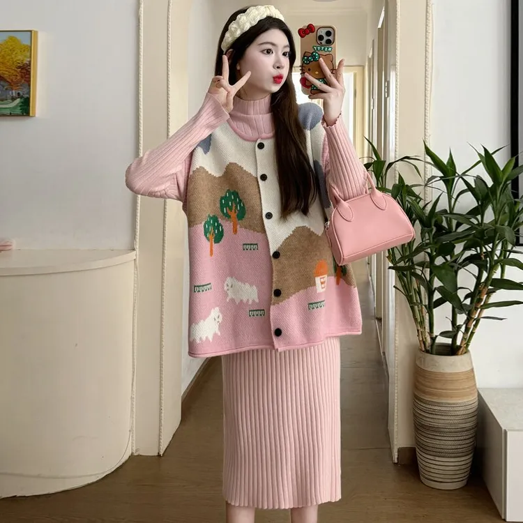 2025秋冬孕妇宽松时尚减龄加厚针织背心加半高领打底裙中长款裙子