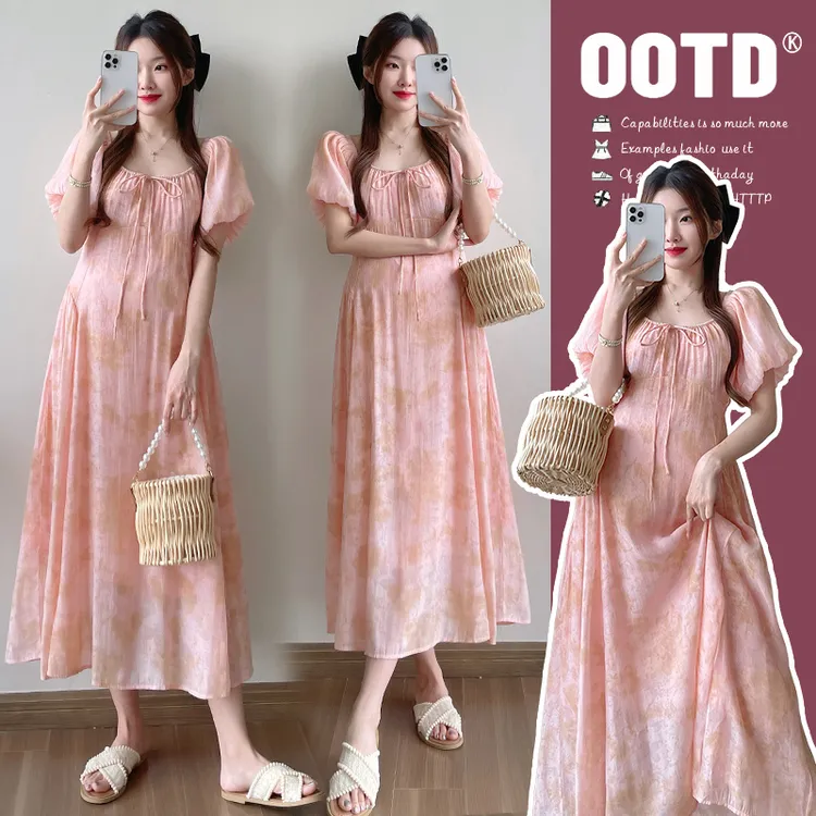 时髦孕妇装夏季新款大码显瘦气质时尚夏粉色法式中长款仙气连衣裙