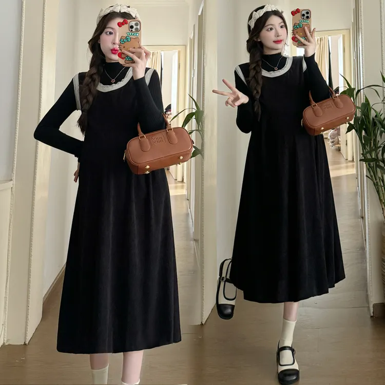 2024早春孕妇时尚宽松减龄木耳边背心连衣裙+长袖打底衫显瘦套装