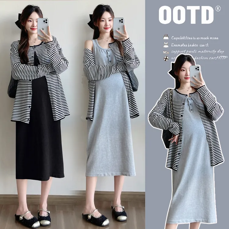 时髦孕妇装2025新款秋冬时尚减龄休闲无袖连衣裙加条纹外套两件套