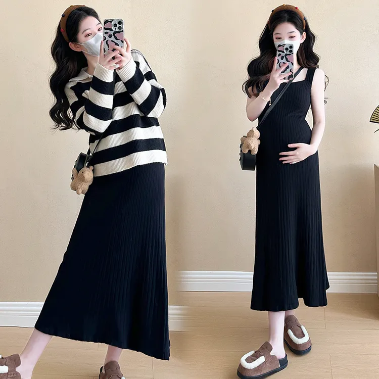 时髦孕妇装春秋显瘦气质时尚款中长款秋冬辣妈条纹减龄洋气连衣裙