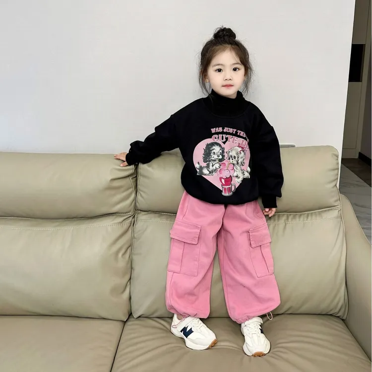 女童一体绒卫衣2023秋冬季新款中小童2-7岁韩版儿童卡通圆领上衣