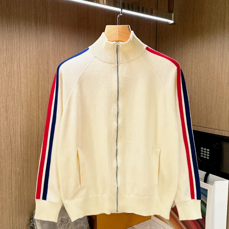 秋冬休闲运动衣服男款拉链开衫毛衣潮流条纹拼色半高领针织外套男