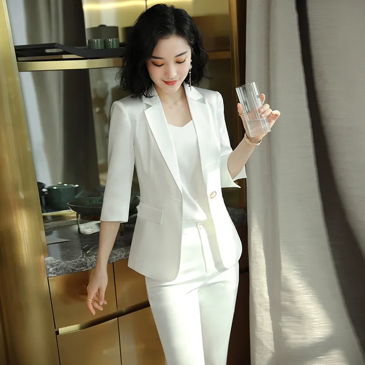 白色西装外套女春秋新款中袖西服套裤韩版修身休闲小个子职业正装