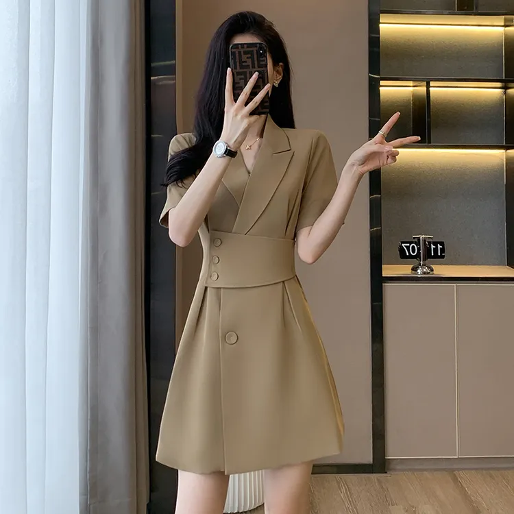 高端西装连衣裙女2025夏季短袖收腰显瘦洋气a字裙气质职业工装裙
