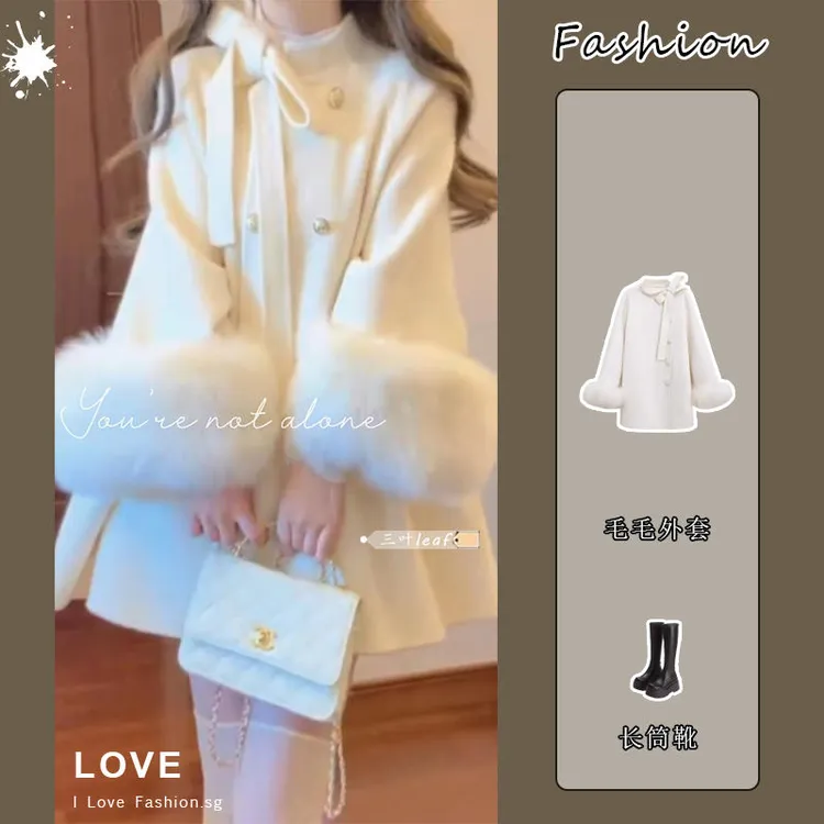 韩系千金蝴蝶结斗篷毛呢外套女2024秋冬新款小个子设计感呢子大衣