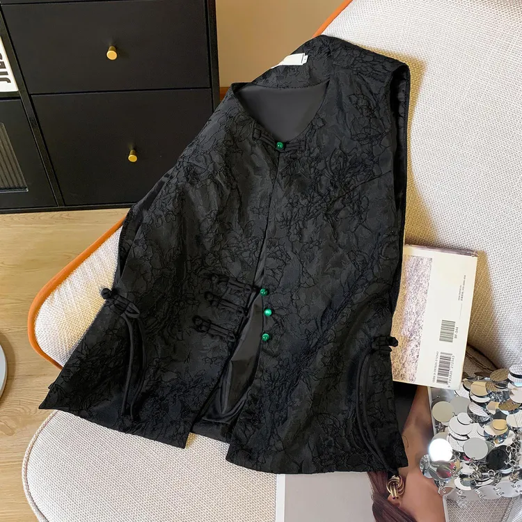 新中式黑色提花马甲外套女春夏高级感国风盘扣坎肩马甲