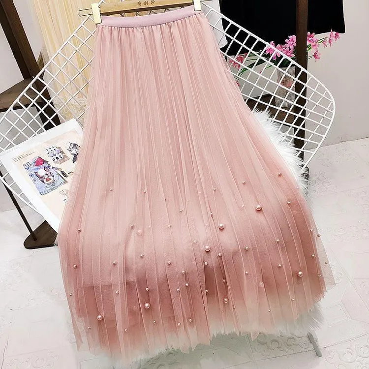 【加绒/不加绒】重工钉珠网纱裙高腰秋冬女气质仙女百褶裙中长a字裙