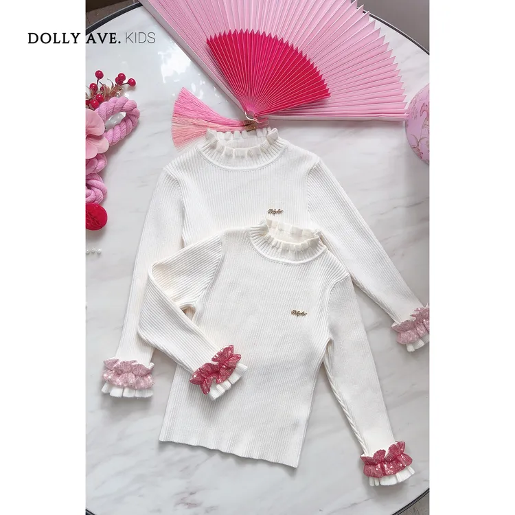 【现货】Dolly Ave 轻奢珠片毛衣 气质荷叶边半高领珠片纱拼接毛衣