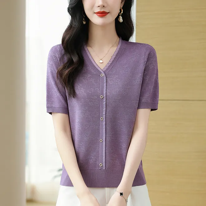 【莱赛尔天丝】2024夏季新款气质洋气时尚百搭镂空薄款宽松v领短袖