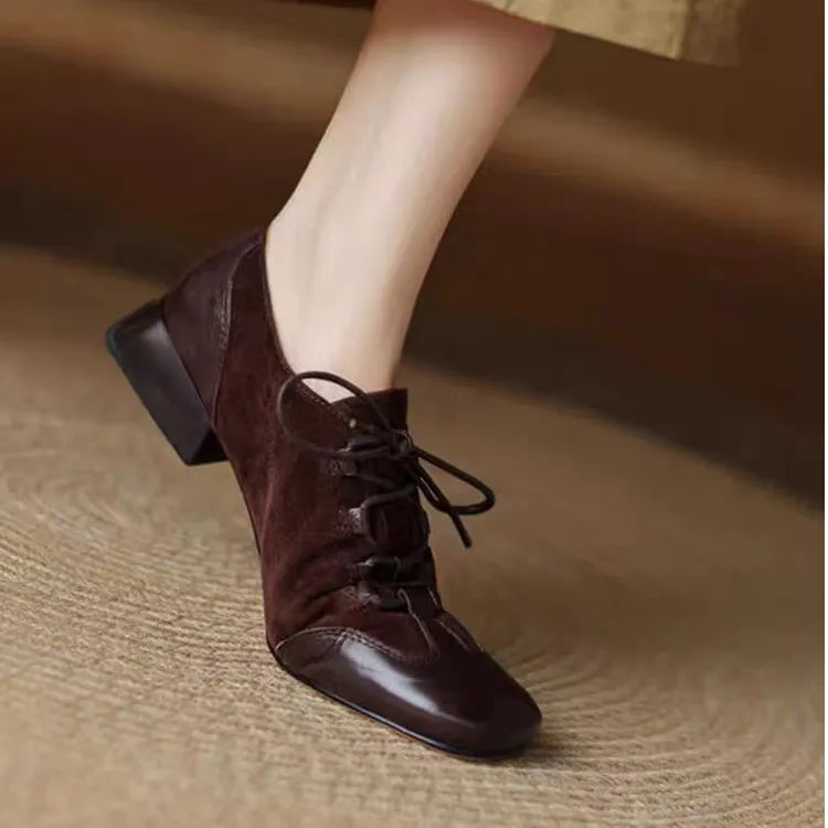 原创手工真皮系带方头深口单鞋女2024春秋新款低跟粗跟复古乐福鞋