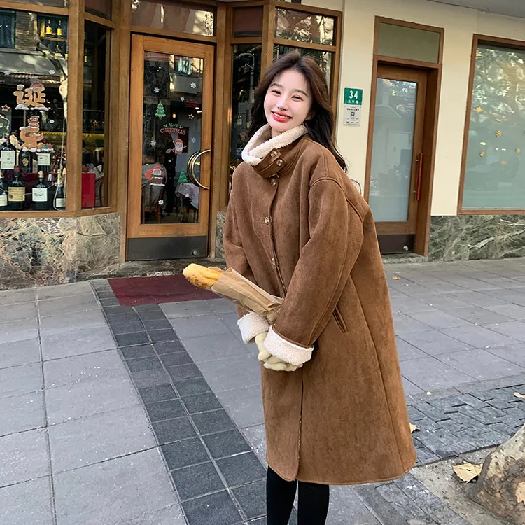 中长款毛皮绒皮毛一体大衣女冬季新款美拉德加厚保暖单排扣棉服潮