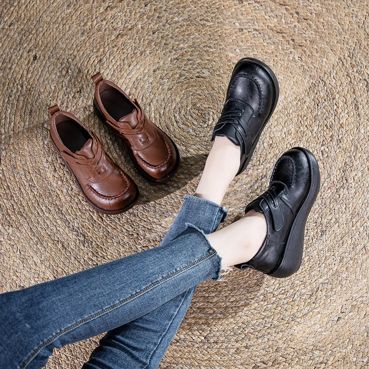 沈都单鞋女士复古松糕软底妈妈鞋休闲皮鞋舒适轻便增高厚底乐福鞋