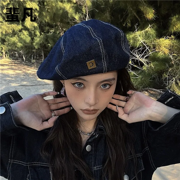 2023春夏秋冬季牛仔贝雷帽女复古四季蓓蕾帽大头围网红百搭韩版