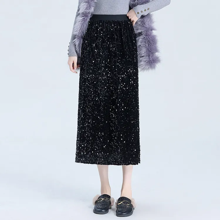 【亮片半身裙】重工侧边开叉女新款直筒显瘦丝绒长裙中长高腰过膝