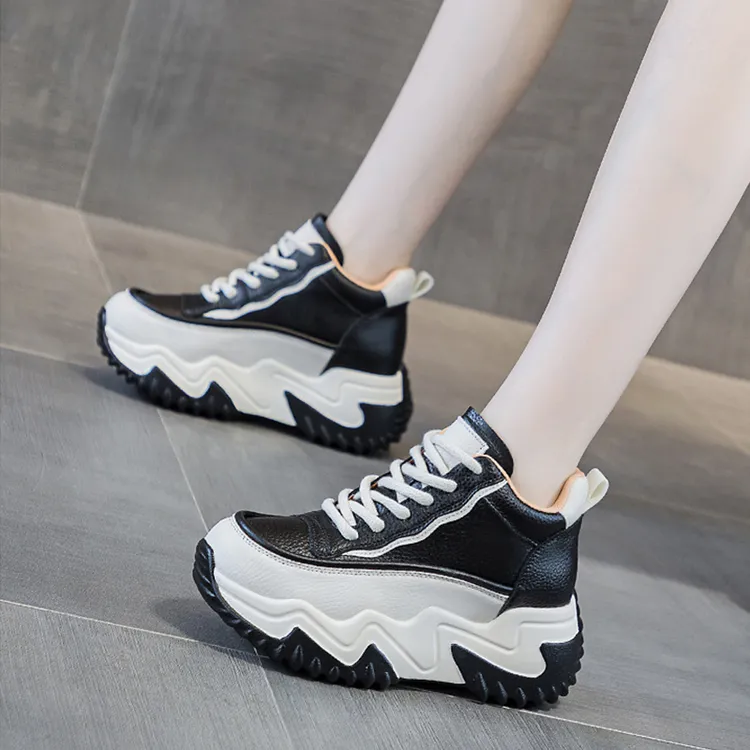 真皮内增高老爹鞋女2025秋冬新款短靴松糕厚底高帮百搭休闲运动鞋