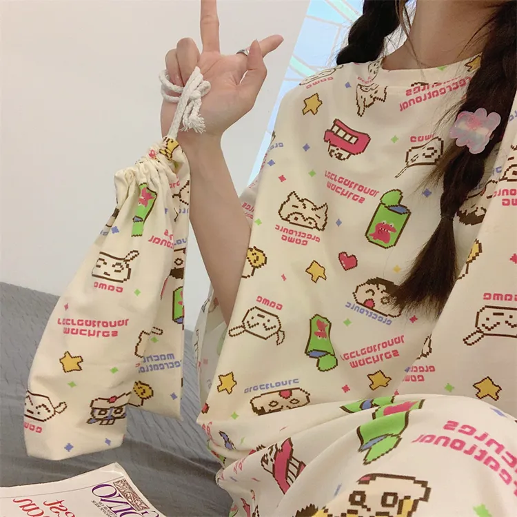 送收纳袋夏季女印花睡裙薄款短袖睡衣女夏天大码宽松休闲卡通