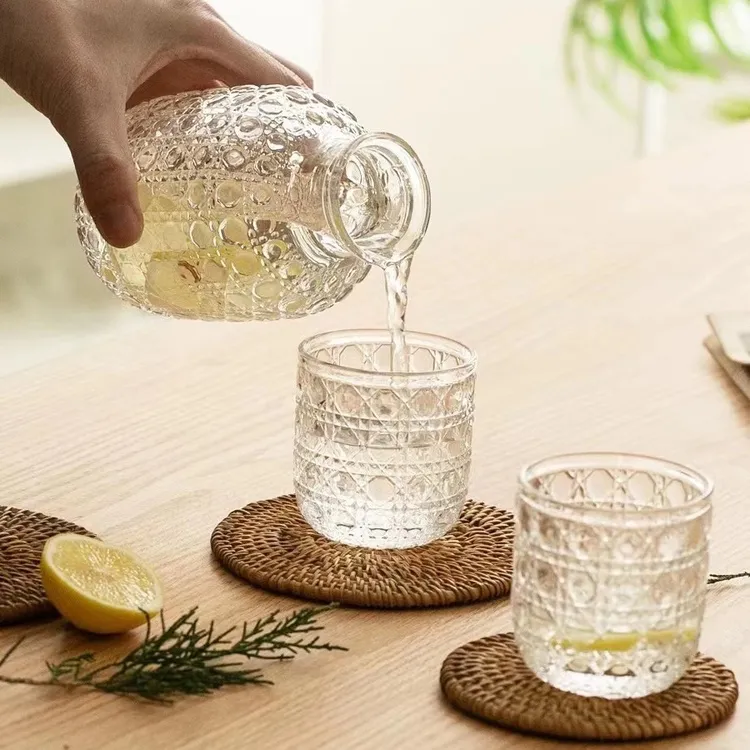 玻璃水杯一壶一杯套装果汁饮料牛奶早餐复古透明浮雕宝石格纹杯子