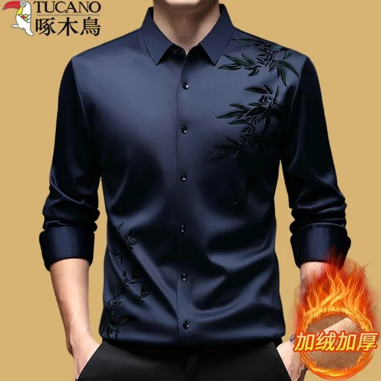 啄木鸟高档加绒加厚长袖衬衫男冬季新款潮流印花弹力防寒保暖衬衣