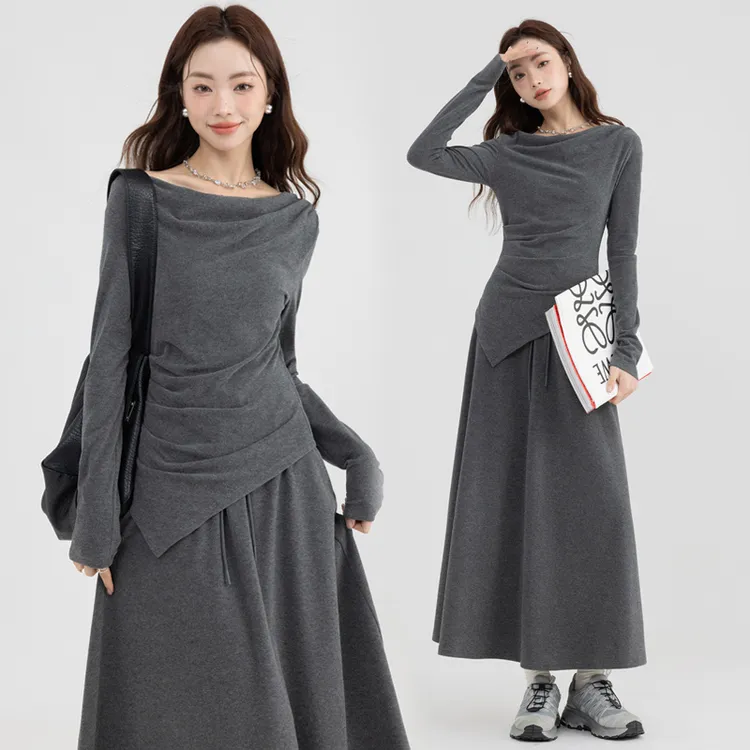 【纯欲风/两件套】高腰不规则长袖女休闲上衣一字肩+半身裙套装CYJ