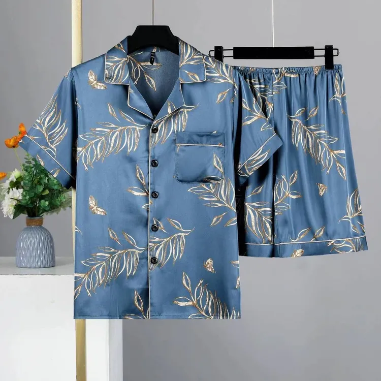 睡衣男夏季冰丝短袖短裤大码爸爸开衫家居服简约宽松翻领睡衣套装