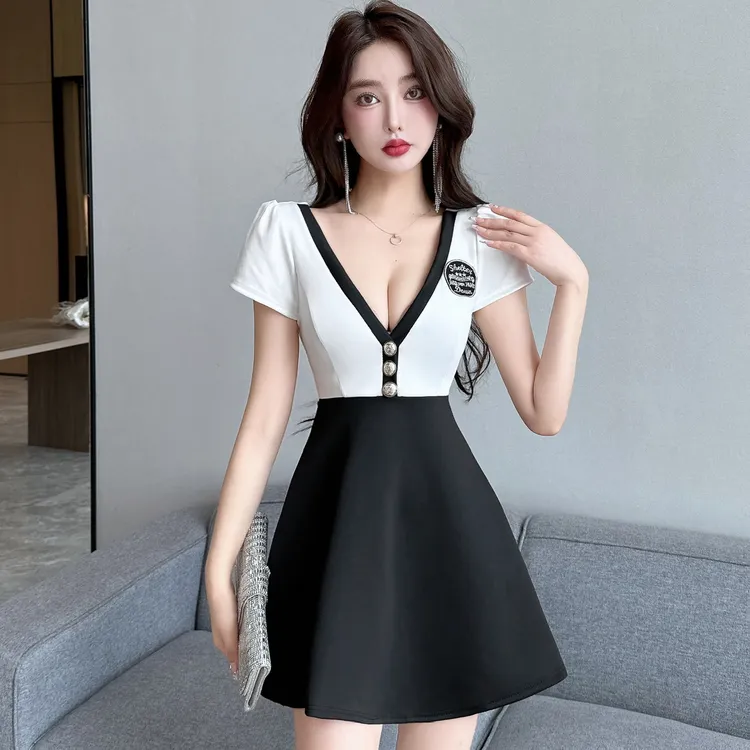 夏季新款深v低胸撞色短袖制服连衣裙夜总店工作服遮肚显瘦裙子女