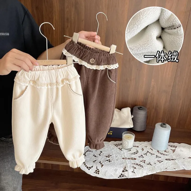女童新款加绒加厚裤子冬季儿童宝宝保暖一体绒洋气女孩灯芯绒裤子