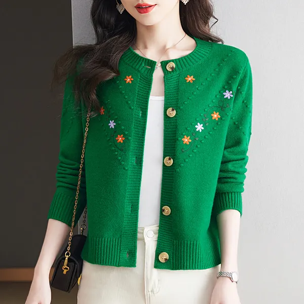 洋气春秋款绣花毛衣女开衫长袖宽松外穿刺绣上衣圆领小外套针织衫