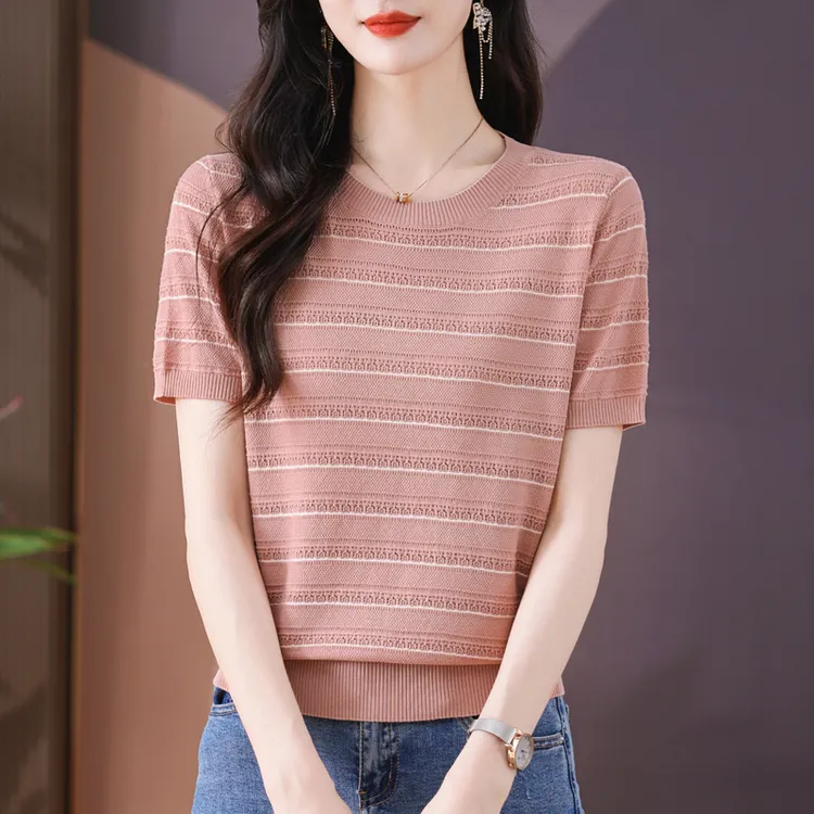 薄款圆领条纹上衣高贵2024夏季新款百搭显瘦女短袖针织衫濮院毛衫