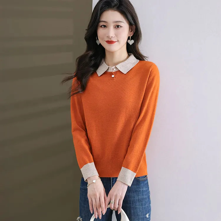 羊毛衫女2024春季新款针织衫上衣洋气减龄翻领宽松显瘦毛衣外穿潮