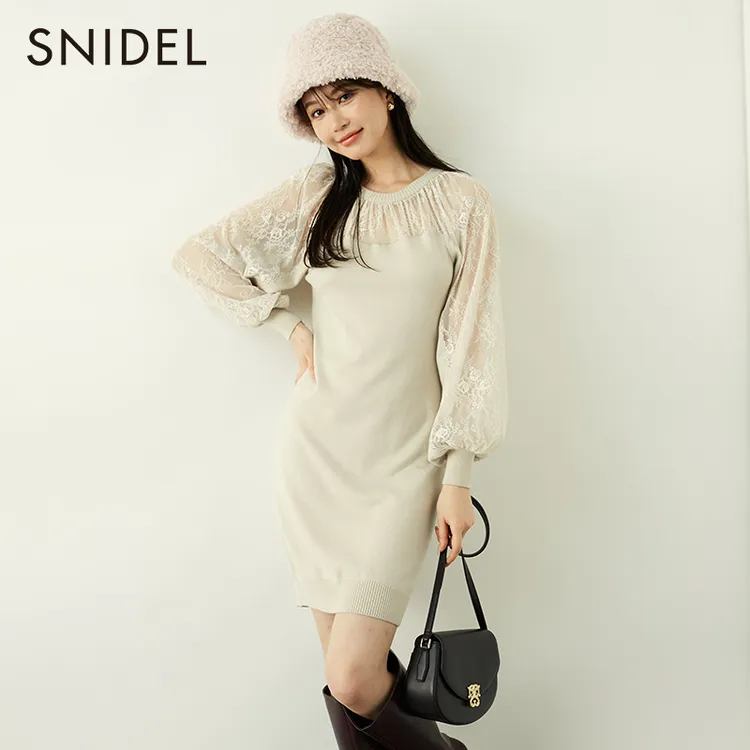 SNIDEL气质淑女圆领修身蕾丝针织连衣裙SWNO235023