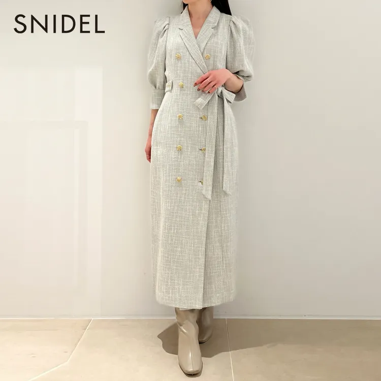SNIDEL早春新品优雅亮面粗花呢泡泡袖双排扣连衣裙SWFO231078