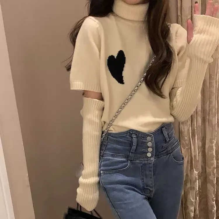 InoStudio【反季清仓】爱心高领毛衣秋冬可拆卸袖套小众打底针织衫