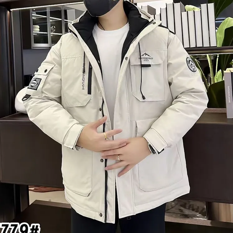 2024新款男士冬季工装防风防水保暖外套连帽中长款加厚