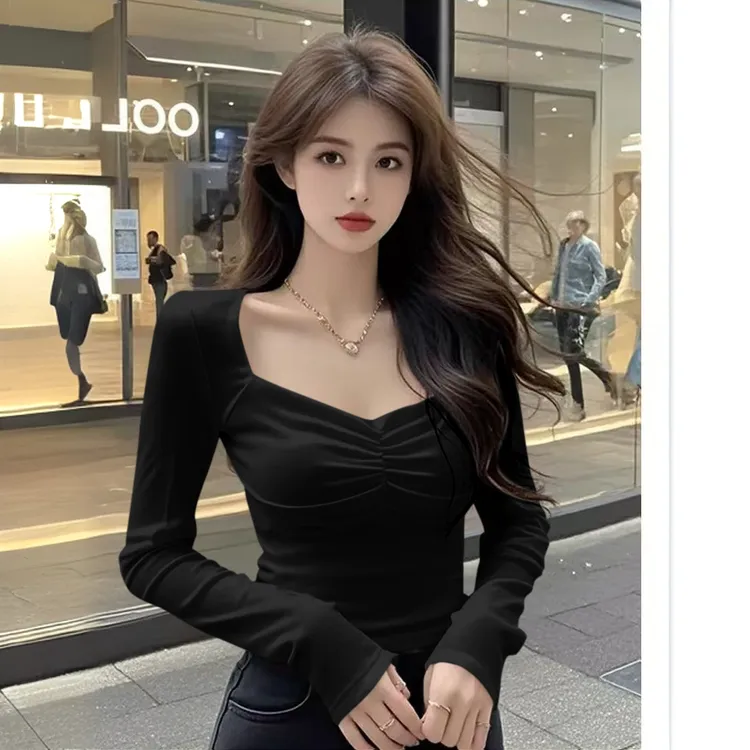 法式方领气质设计感长袖t恤紧身绝美短款上衣女甜辣妹显瘦打底衫