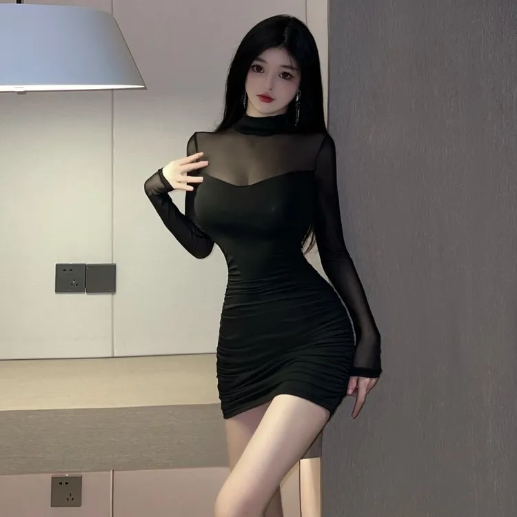 黑色性感网纱气质修身包臀裙辣妹连衣裙长袖纯欲短裙子打底紧身裙