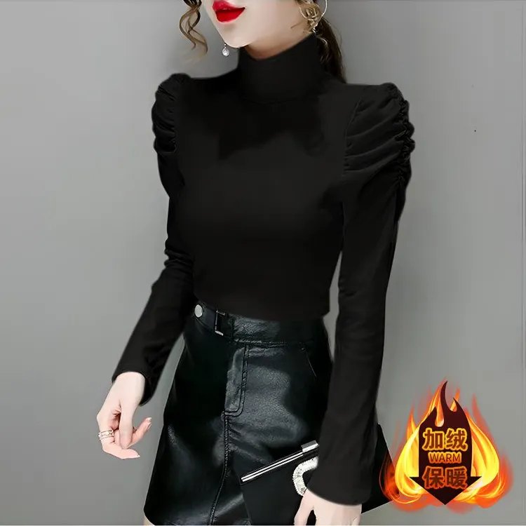 黑色半高领内搭加绒打底衫女法式泡泡袖绝美上衣修身显瘦t恤秋冬