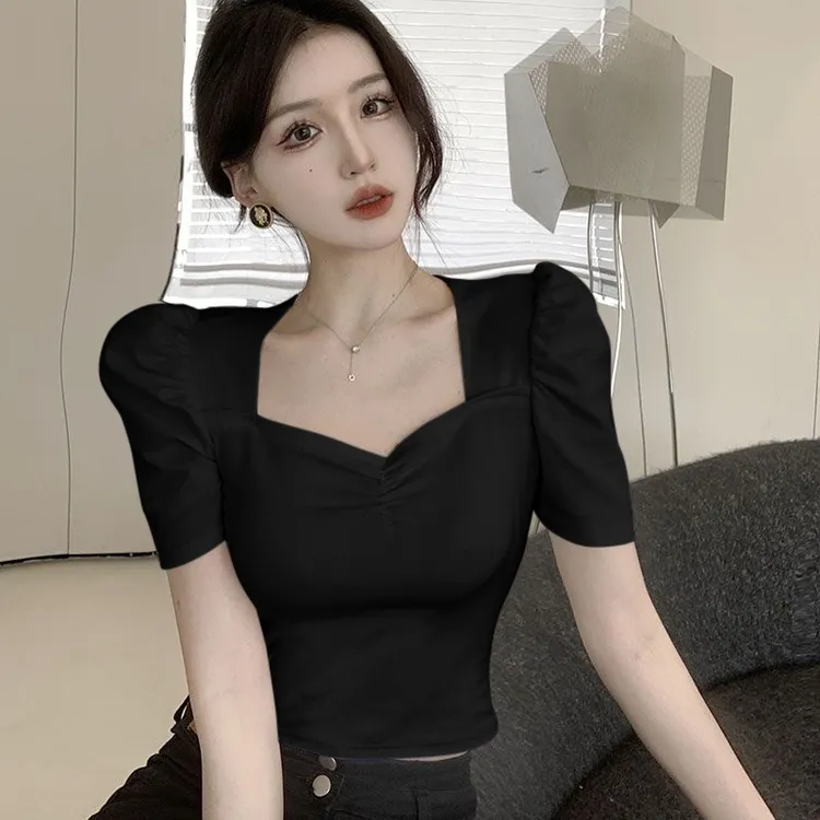 黑色方领泡泡袖短袖t恤女紧身性感辣妹短款上衣设计感气质夏季夏t