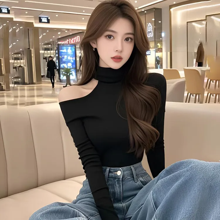 黑色镂空露肩上衣女纯欲风辣妹长袖t恤修身显瘦半高领内搭打底衫