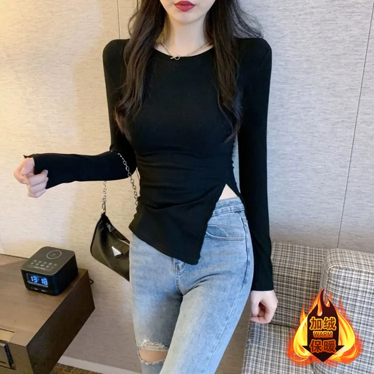 2023秋冬黑色加绒打底衫不规则性感上衣侧开叉t恤女圆领长袖内搭